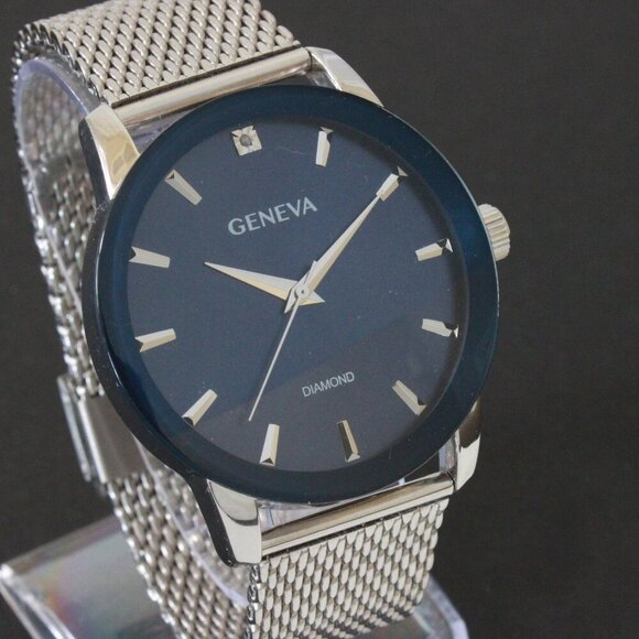 Geneva Men's Dress Watch Diamond At 12 Blue Dial Milanese Bracelet 42mm - Picture 5 of 13